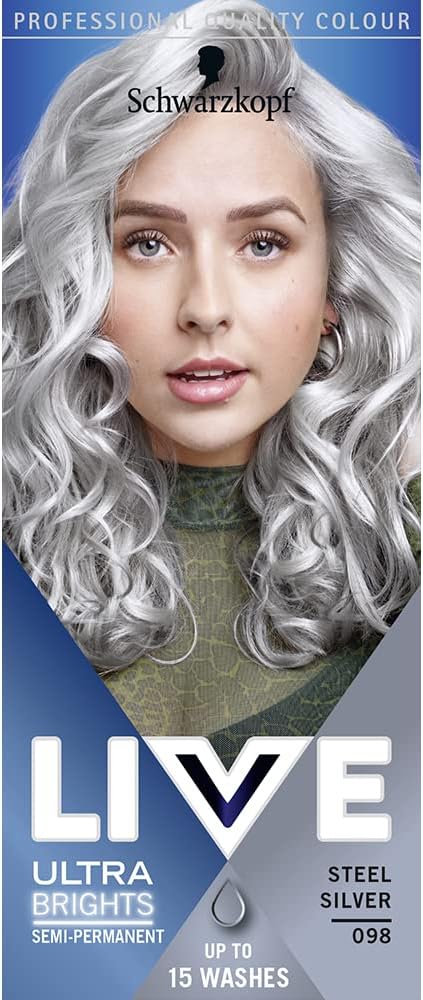 Schwarzkopf LIVE Ultra Brights Steel Silver Semi-Permanent Hair Dye 098, Silver Hair Dye for Bright or Pastel Hair Colour, Vibrant Colour Lasts up to 15 Washes