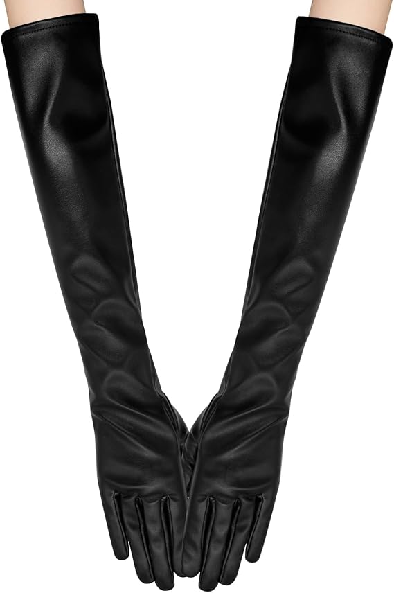 Long Keeper Women Elbow Length Black Leather Gloves Sexy Wet Look Faux Leather Touchscreen Arm Gloves for Halloween Costume