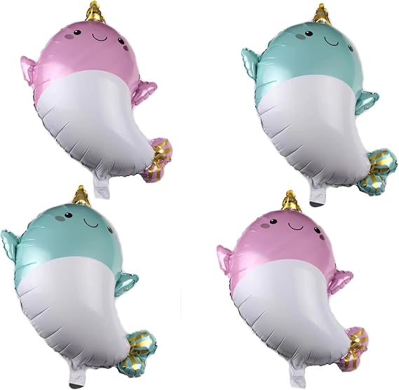 4PCS 28 Inch Giant Happy Narwhal Shape Foil Mylar Balloon for Kids Birthday Party Decorations Baby Showers Party Supplies