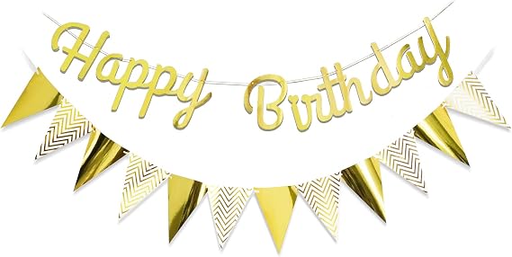 Gold Happy Birthday Banner Decoration,12 Flags Glitter Bunting Sign Banner Party Decorations Supplies Sparkling