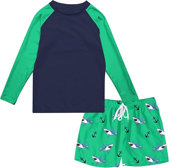 Boys Long Sleeve Rash Guard Swimsuit 2-Pieces Bathing Suits Set