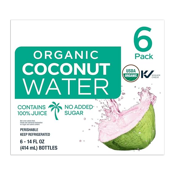 Organic Coconut Water, 14 Fl oz, 6 Count - 100% Juice Not from Concentrate - USDA Organic & Non-GMO - Electrolyte-Rich Hydration - No Added Sugar - Total 84 Fl oz