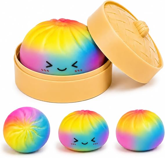 Rainbow Dumpling Squishies, Colorful Squishies Dumplings with Steamer Box, Soft Squeeze Desk Toy, Giant Dumpling Stress Ball, Fun Surprise Fidget Sensory Toy Gift