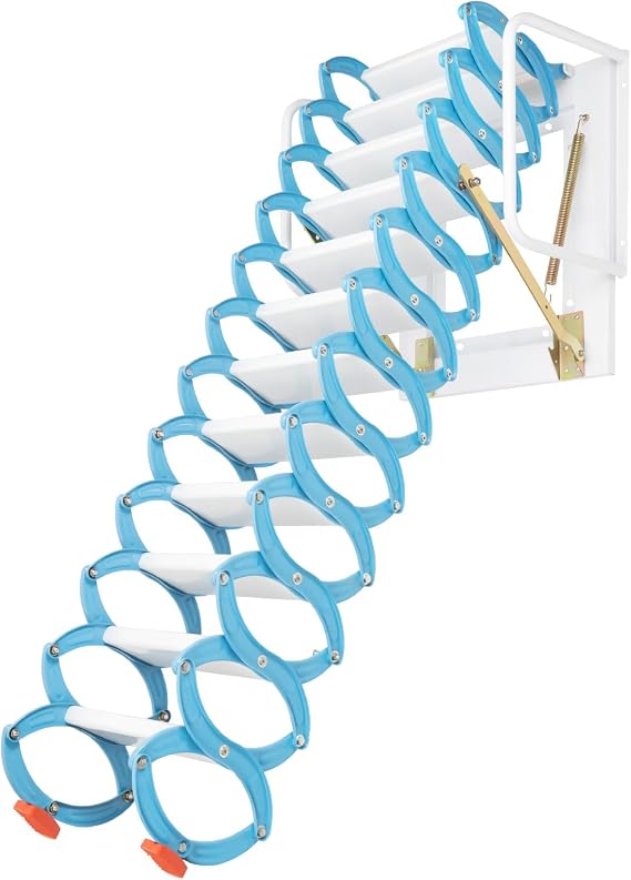 12 Steps Attic Ladder, 12ft Wall-Mounted Attic Ladder Pull Down System, Folding Aluminum Attic Ladders, Attic Stairs Pull Down Door, Attic Ladder for Attics, Garages, Roofs, Basements (Blue White)