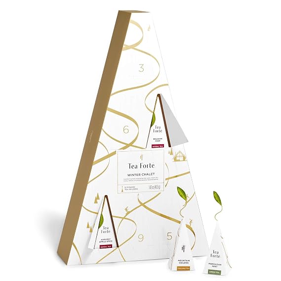 Tea Forte Tea Advent Calendar Gift Set, Winter Chalet, 12 Count | 12 Pyramid Infusers - Individually Wrapped - Assorted Gourmet Teas - Giftable Presentation Box for Tea Lovers