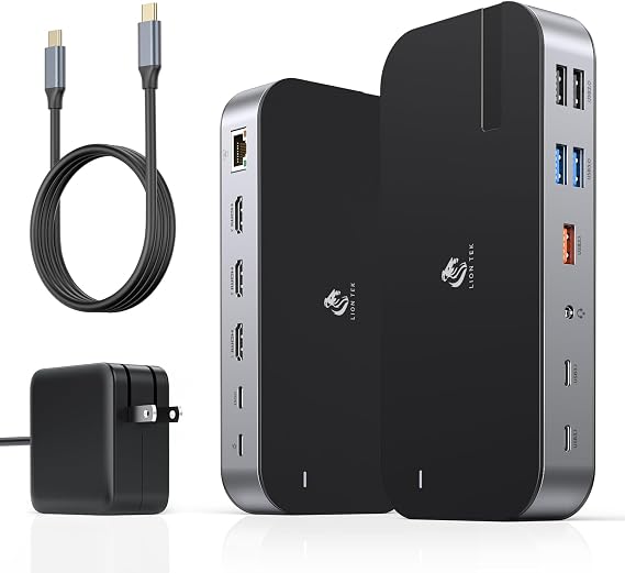 LIONWEI Laptop Docking Station,16 in 1 USB C Docking Station Triple Monitor | USB C Dock Station with 3HDMI,PD, 7USB,RJ 45 Ethernet,Card Reader,Audio for Dell/HP/Lenovo(Include Power Adapter)