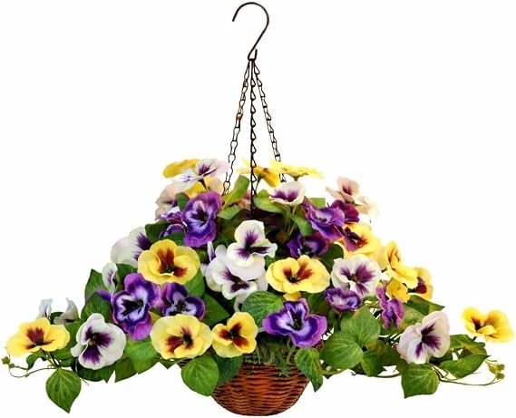 Geegoods Artificial Pansy Hanging Basket, 1 Pack