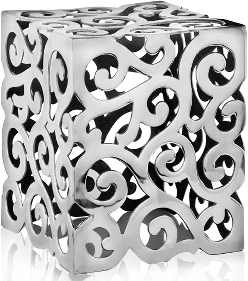Modern Day Accents 3806 Paisley Square Stool, Decorative Chair, Ottoman, Accent Chair, End Table, Side Table,Silver, Aluminum, Art Deco, Living Room, Home, Office, Lobby, Statement, 12Lx12Wx17.25H