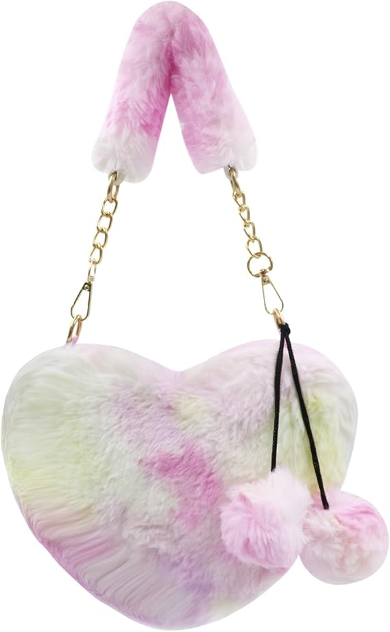 Cute Heart Faux Fur Crossbody Bag for Women Girls Fluffy Tie Dye Plush Shoulder Handbag Clutch Purse with Pompom