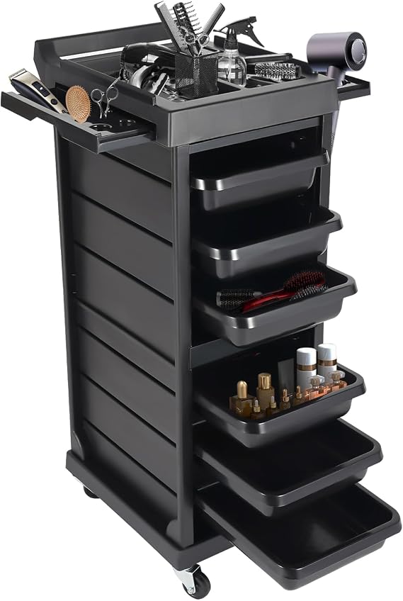 Mobile Salon Trolley Cart,Barber Station Rolling Trolley Cart,Makeup Storage Organizer with Drawers for Barbershops,Home (Black 2)