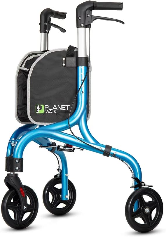 PLANETWALK Premium 3 Wheel Rollator Walker for Seniors Ultra Lightweight Foldable Aluminum Mobility Aid with Height Adjustable Handle and 8 Inch Wheels, Brilliant Blue