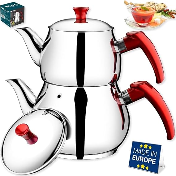 Hakan Teapot Set with Self Strainer Double Lids, Stainless Steel Maxi Double Bondy Tea Pot Set, Turkish Samovar Style, Tea Kettle for Loose Leaf Tea with Bakelite Handle | 1.25 + 2.10 Qt.
