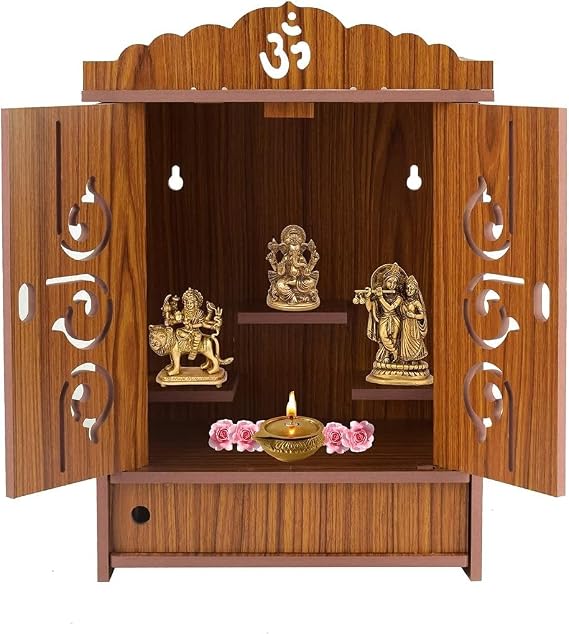 Webelkart Handcrafted Wooden Temple with Doors and Storage Box | Wall Hanging Pooja Mandir for Home and Office | Spacious Puja Ghar Design 71.1 cm Tall