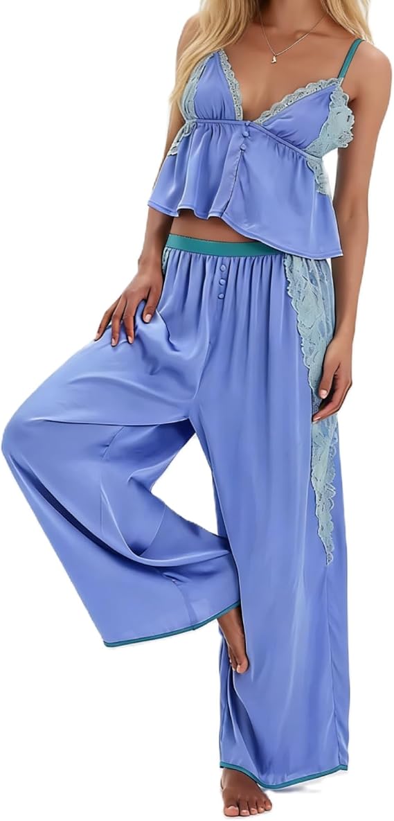 Giraropa Womens Lace Trim Satin Set 2 Piece Ruffle Cami Tops and Wide Leg Pants Lounge Outfits Pjs Sleepwear