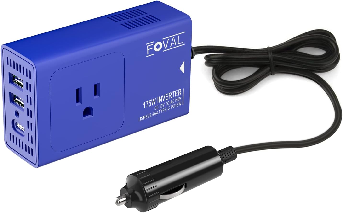 175W Car Power Inverter, FOVAL DC 12V to 110V AC Car Plug Adapter Outlet with [18W PD USB-C] Dual USB Ports Multi-Protection Car Outlet Adapter Power Inverter for VehiclesCar Charger for LaptopBlue