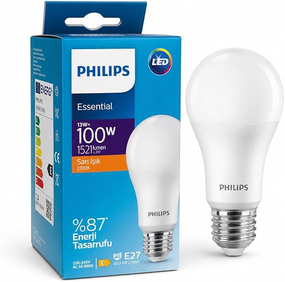 Philips Essential LED Ampul 13W 100W Eşdeğer, E27 Duy, 2700K Sarı Işık, 1521 Lümen, Enerji Tasarruflu LED Aydınlatma Dim Edilmez [Enerji Sınıfı E]