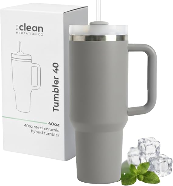 THE CLEAN HYDRATION CO. Insulated Ceramic Coated Tumbler with Handle | Spill Proof Lid | Vacuum Insulated | Keeps Beverages Taste Intact 40 oz (Gray)