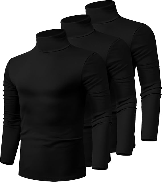 Ficerd 3 Pack Men's Turtleneck Cotton Shirts Long Sleeve | Comfy Lightweight Pullover Sweaters, Mock Turtle Neck Tops, Knitted Basic Casual Tees, Slim Fit T-Shirt, Fall Winter Clothes