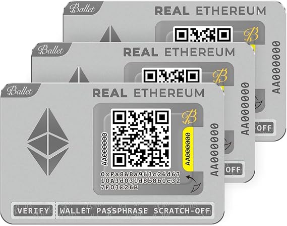 Ballet REAL ETH Cold Storage Wallet Card | Non-Electronic Physical Crypto Wallet | No 12/24-Word Seed Phrase | No Battery/USB/Bluetooth Crypto App (3-pack)