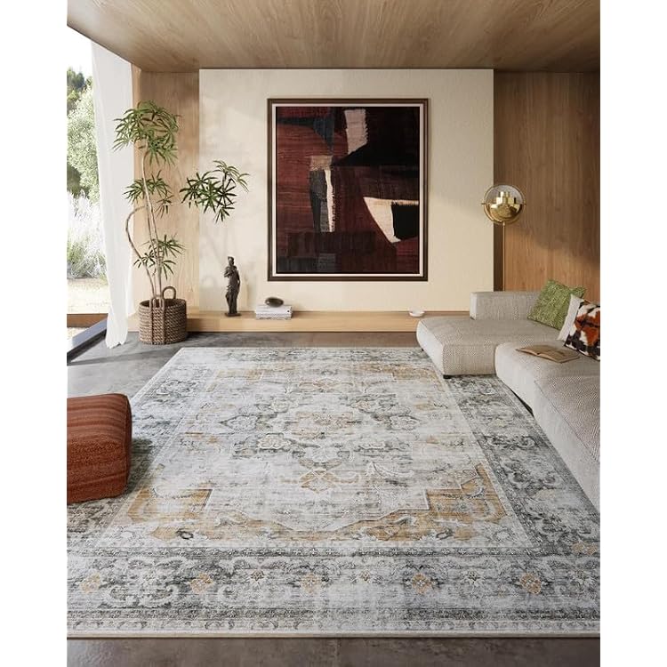 8x10 Area Rugs Washable Rug: Large Living Room Rug Stain Resistant Distressed Vintage Non Slip Low Pile Faux Wool Soft Boho Area Rug for Bedroom Bedside Indoor Kids Playroom Farmhouse Dining Room