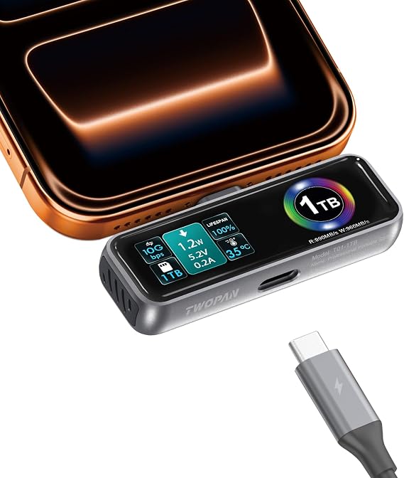 TWOPAN Magnetic Portable iPhone SSD for ProRes 4K 60fps Video, 1TB External Hard Drive Super Storage for iPhone 17/16/15 Pro/Pro Max, iMac/MacBook, LCD Display, USB-C PD 3.0 Port, Built-in Cooling Fan