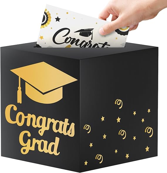 OLANRUN 9" Graduation Card Box, Graduation Decorations 2026 - Congrats Grad Foldable Cardstock Money Box for Class of 2026 Grad Party Decor (Black)