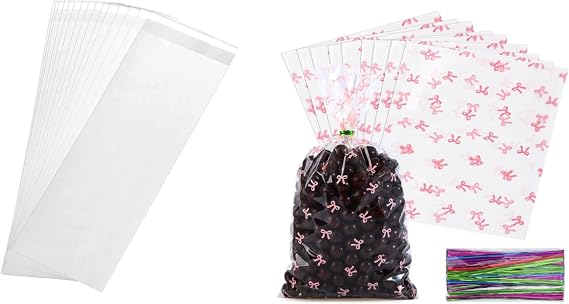 200 pcs 4x10 in Long Resealable Cello Cellophane Bags and 100 Pcs 6x11 in Pink Bow Cellophane Bags