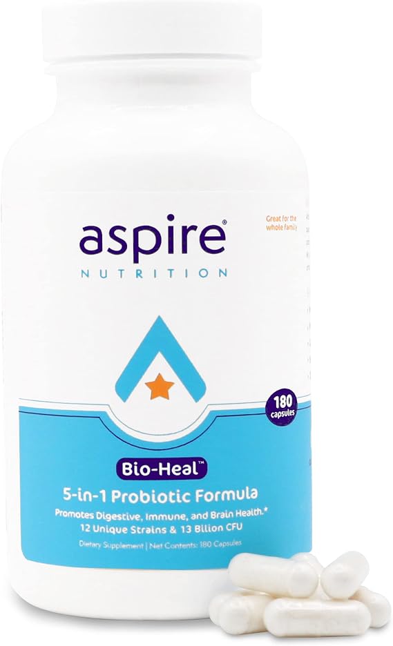 Aspire Nutrition 5-in-1 Bio-Heal Probiotic Capsules for Kids, Men & Women | SUPPORTS BRAIN FUNCTION, GUT HEALTH & REGULARITY: Shelf stable capsules fortified with vitamin, mineral, and prebiotic fiber