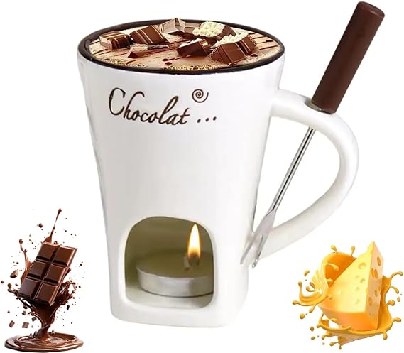 Chocolate Fondue Cup, 2026 New Chocolate Fondue Mug Set with Fork, Mini Ceramic Melting Mugs, Personal Chocolates Melting Cup for Cheese & Desserts, Ideal Gift for Birthdays Anniversary (White, 1)