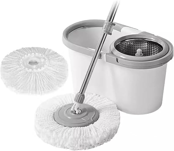 Spin Mop & Bucket Floor Cleaning System with Wringer, 2 Microfiber Mop Head, Stainless Steel Adjustable Handle, Spin Mop Bucket System for Hardwood Laminate Tiles Floor Cleaning