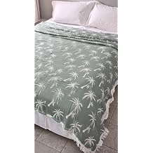 Palmiye Desen 4 Katlı Müslin Pike Yatak Örtüsü Battal Boy 240x260 cm Yeşil