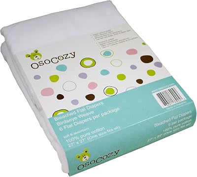 OsoCozy Bleached Birdseye Flat Cloth Diapers 6 Pack - 27 x 27 Inches, One-Layer Flat Cloth Baby Nappies Made of Soft, Durable 100% Birdseye Weave Cotton...