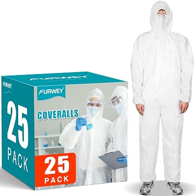 Hazmat Suits 25PACK Disposable Protective Coveralls, Heavy Duty Full Body Painters Suit for Men & Women with Elastic Wrists, Ankles and Hood- Breathable & Waterproof-X-Large