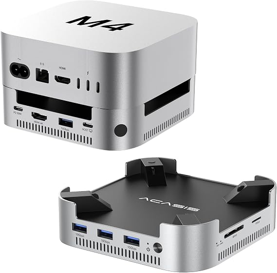 ACASIS Mac mini M4 Dock & Stand, Dual-Bay NVMe SSD Muhafaza ile, Mac mini M4 ve M4 Pro 2024 için Alüminyum HDMI Hub, 4K60Hz HDMI, 4 X 10G USB A, PD 30W, SD/TF, Destek SSD B+M M-Key