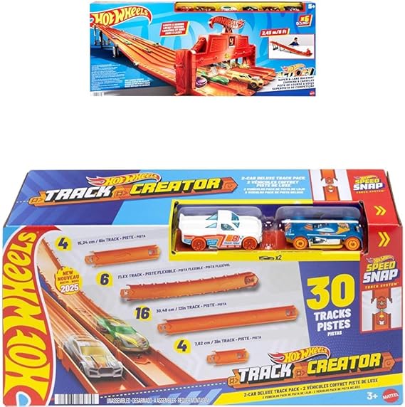 Bundle of Hot Wheels Track Set with Lights, Sounds & 6 Vehicles, Super 6-Lane Raceway, 8-ft Track + Hot Wheels Track Creator Deluxe Pack & 2 Vehicles, 25 Feet of Track & Connectors