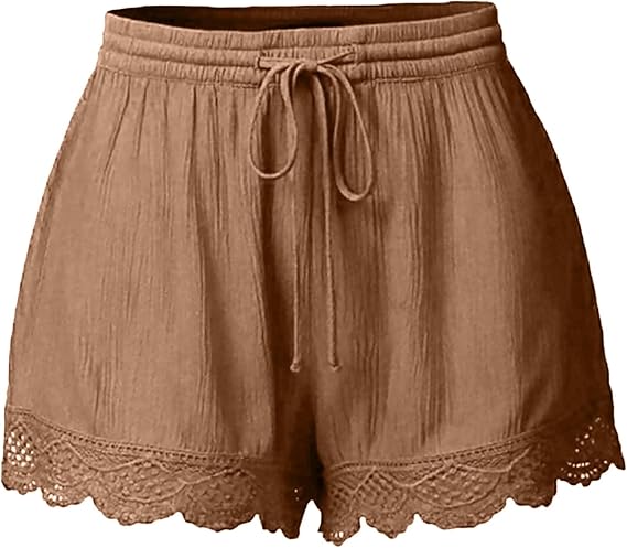 Women Floral Lace Trim Shorts Casual Summer Shorts High Waisted Drawstring Dressy Shorts Trendy Beach Clothes 2024
