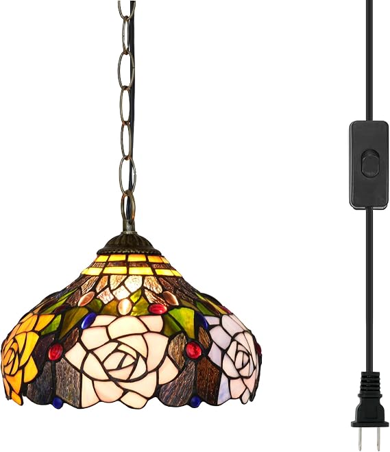 Tiffany Pendant Light Fixtures Rose Flowers Stained Glass Hanging Lamp 12 inch Antique Style Plug in Light for Home Kitchen Island Dining Living Room Hallway Counter Bar