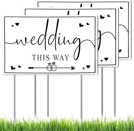 Wedding Signs 4Pack - Double-Sided Printed Directional Arrow This Way Signs with Stakes for Wedding Ceremony and Reception - 17 x 12 Inch (4)
