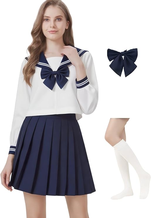 Women's Japanese School Girls Uniform Sailor Costume Long Sleeve Anime Cosplay Pleated Skirt with Socks