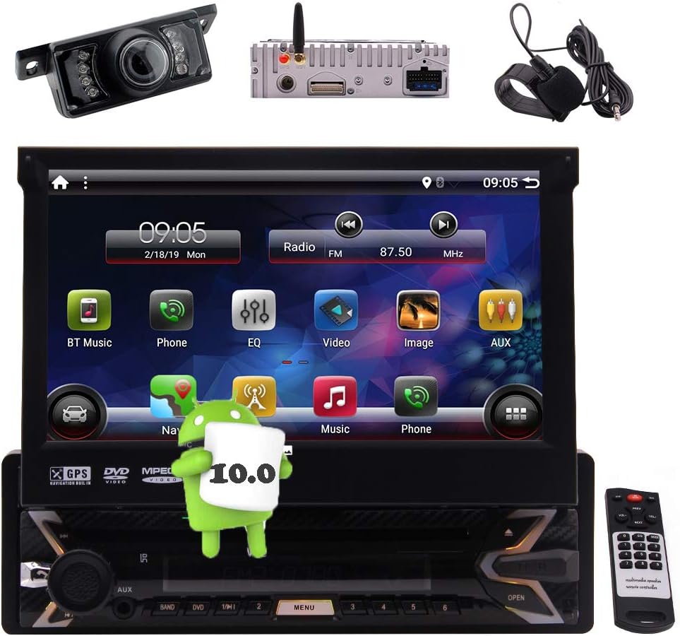 Android 10.0 Car Stereo Navigation CD Player with Bluetooth Single Din 7 Inch Touch Screen GPS Auto Radio Head Unit Support DVD USB SD MP3 MP5 1080p Video Mirrorlink WiFi Remote Control Backup Camera