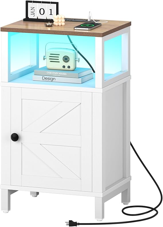 Yoobure Farmhouse Nightstand with Charging Station, Night Stand Barn Door