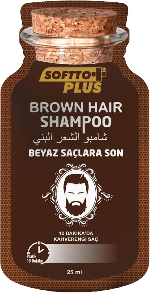 Softto+Plus saç boyası şampuanı, 25 ml x 10, kahverengi saçlar için, gri saçları sadece 10 dakikada kapatır, kolay kullanım ve bakım sağlayan boyama