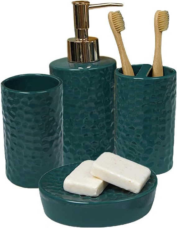 Modern Style Ceramic Bathroom Set 4 Piece Ceramic Bathroom Accessories Soap Dispenser, Soap Dish Tumbler and Toothbrush Rack,Green