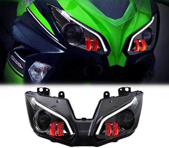 KT Headlight Assembly for Kawasaki ZX6R ZX-6R 2013-2018 Red DRL Custom Modified Motorcycle Front Head Lamp High/Low Beam Daytime Running Light