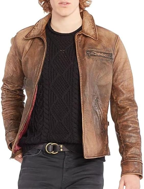 Real Leather Jacket Men - Men Brown Leather Motorcycle Jacket with two front pockets