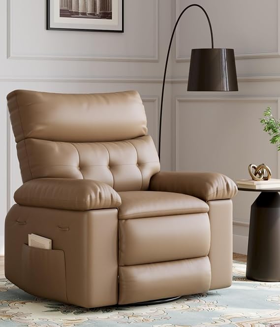 GarveeHome Recliner Chair, 360 Swivel Rocker Recliners with Heat & Massage, Soft Lazy Boy Recliner Chair with 2 Cup Holders and Side Pocket for Living Room Bedrooms and Nurseries (Modern, Tan)