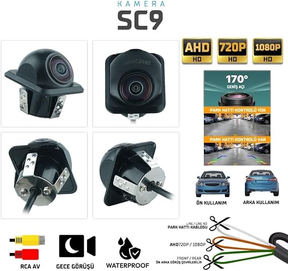 Sentinel SC9 170° Geniş Açı Araç Ön/Arka Görüş Kamerası – AHD 720P / 1080P, Gece Görüşlü