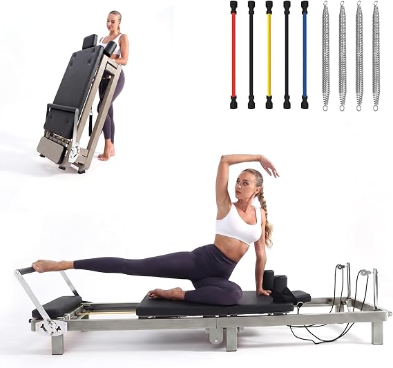 Foldable Pilates Reformer 90% Pre-Assembled Home Gym Women Men Workouts Bundle, Dual Resistance System (Springs + Latex), Jumpboard & Adjustable Foot Bar for All Levels