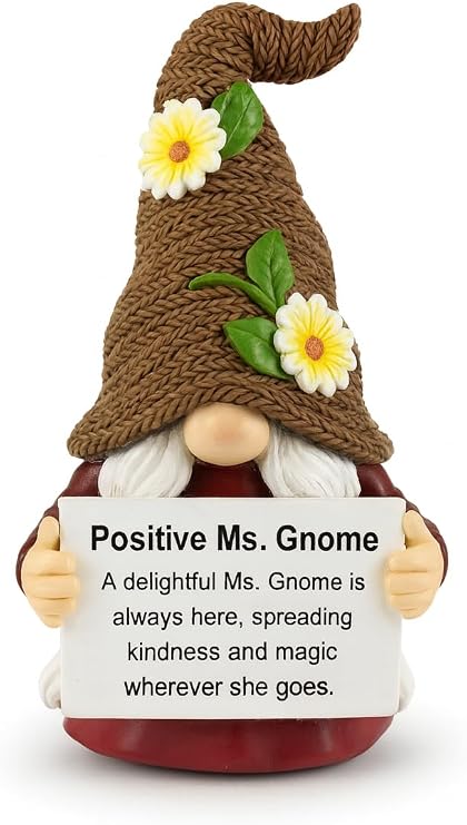 Positive Ms. Gnome Figurine Resin Kindness Gnome Holding Sign, Inspirational Shelf Decoration, Whimsical Gift for Women, Office or Home Desk Decor, 5.4" Tall (MS Gnome)