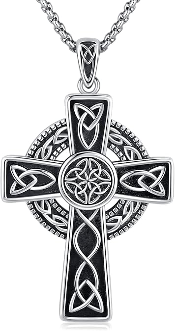 Midir&Etain Celtic Cross Necklace 925 Sterling Silver Cross Pendant Necklace Celtic Viking Irish Jewelry Religious Protective Gift for Men Women